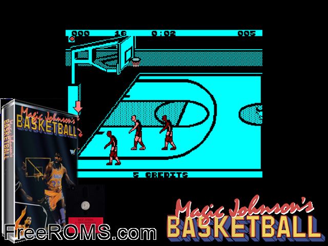 Magic Johnson's Basketball (S) (1990) [t1] Amstrad CPC game showing 3D box cover and gameplay screenshot